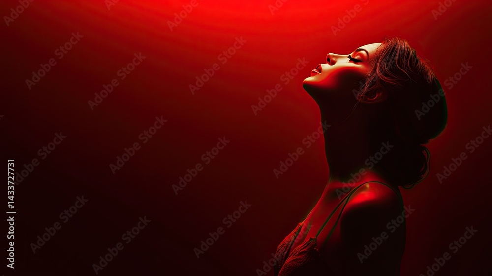 Obraz premium A woman stands in profile against a dark background, illuminated by a soft red light.