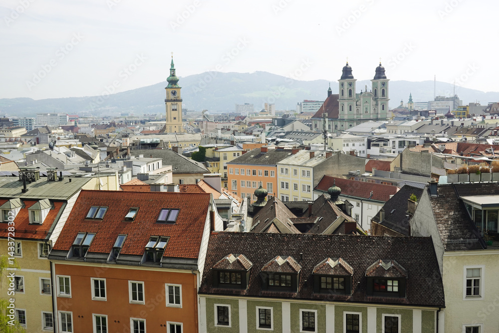 The view of Old Dom Cathedral and Maria Himmerfahrt Church from the Castle hill,. Linz, Austria