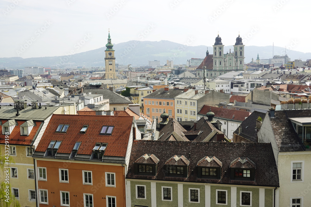 The view of Old Dom Cathedral and Maria Himmerfahrt Church from the Castle hill,. Linz, Austria