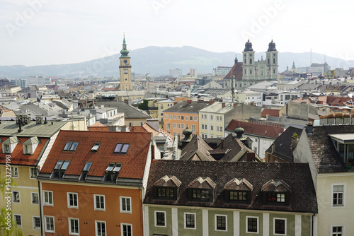 The view of Old Dom Cathedral and Maria Himmerfahrt Church from the Castle hill,. Linz, Austria  