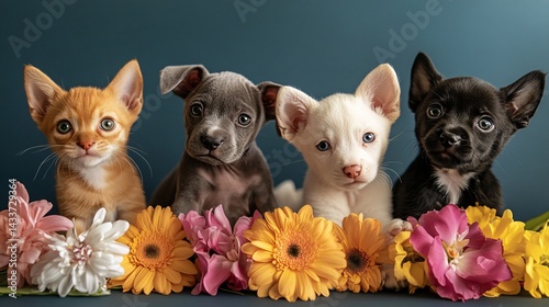 Playful Pet Poses: Group of Adorable Pets Posing with Colorful Flowers in a Bright Setting