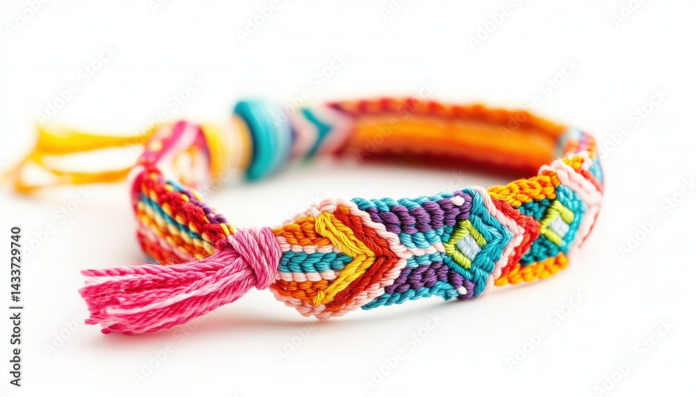 Handmade Friendship Bracelet With Colorful Woven Pattern, Threaded On White Background: A Stylish And Meaningful Accessory For Friends. Handmade Friendship Bracelet With Colorful Woven Pattern, Threaded On White Background: A Stylish And Meaningful Accessory For Friends.