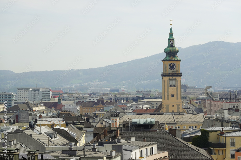 The view of Old Dom Cathedral and Maria Himmerfahrt Church from the Castle hill,. Linz, Austria
