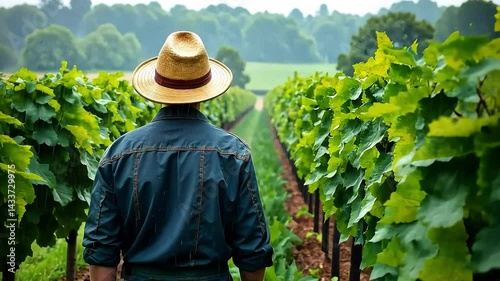 Farmer in vineyard on cloudy rainy day, rural landscape, farming and gardening concept, male farmer growing grapes