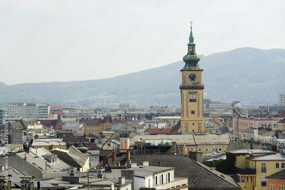 The view of Maria Himmerfahrt Church from the Castle hill,. Linz, Austria