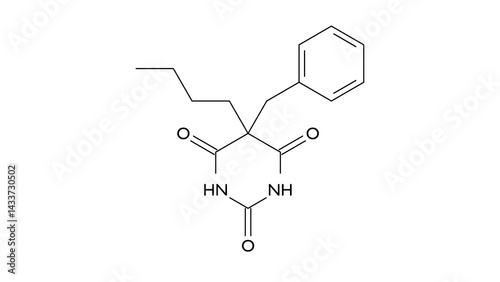 Photos benzylbutylbarbiturate molecule, structural chemical formula, ball-and-stick mod