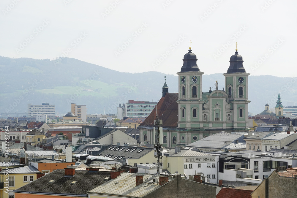 The view of Old Dom Cathedral from the Castle hill,. Linz, Austria