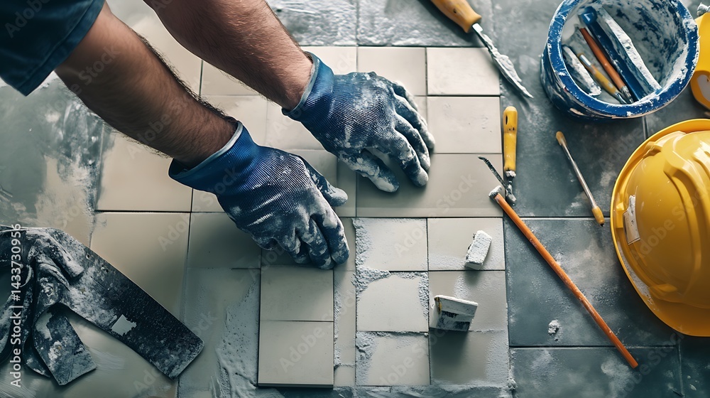 Tile Installation Process with Worker's Hands