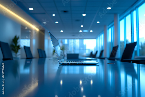 Wallpaper Mural Modern office interior with open laptops and blurred background Torontodigital.ca