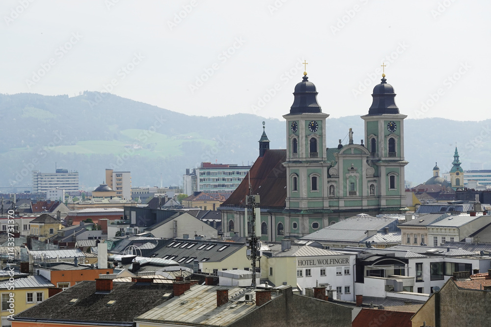The view of Old Dom Cathedral from the Castle hill,. Linz, Austria