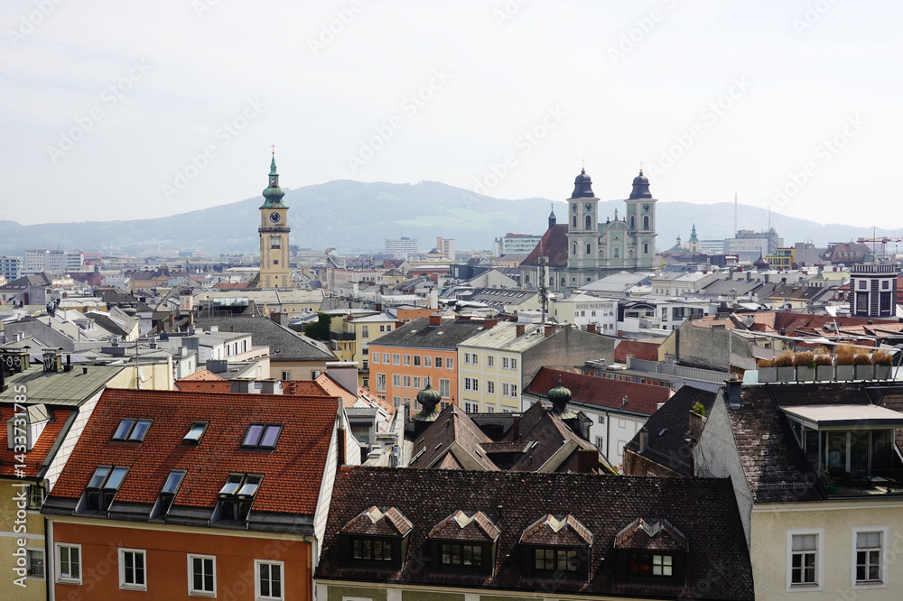 The view of Old Dom Cathedral and Maria Himmerfahrt Church from the Castle hill,. Linz, Austria