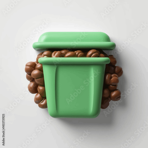 Green Container Overflowing with Rich Brown Coffee Beans
