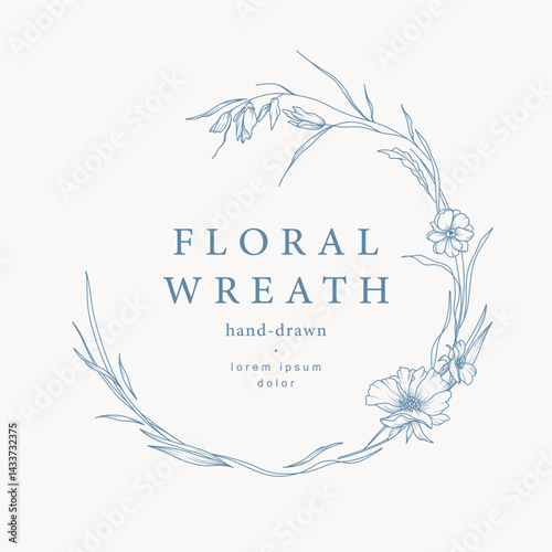 Vintage floral vector wreath. Hand drawn elegant floral line art. Botanical elements of wild and garden flowers, branches, leaves, herbs. Vector illustration for wedding invitation, save the date card