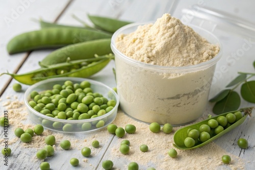 Pea Protein Powder with Fresh Green Peas in Pod – Healthy Plant-Based Nutrition Concept