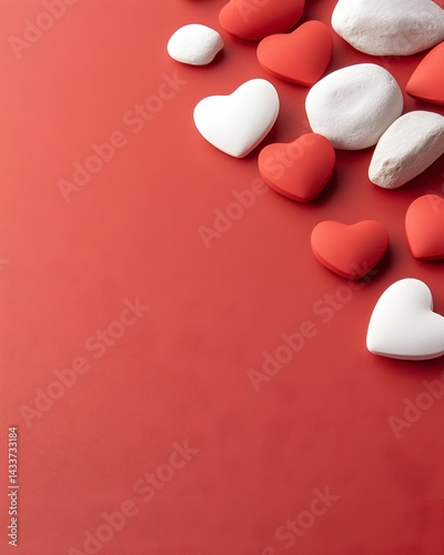Red background with scattered red and white heart-shaped stones