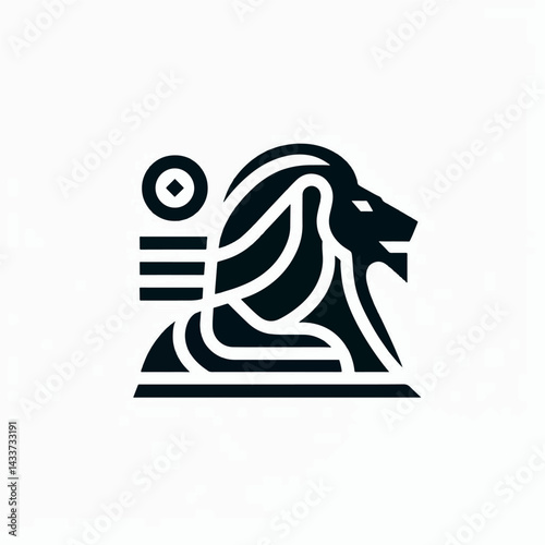A stylized black and white graphic design of a lion's head, possibly referencing ancient Egyptian symbolism.