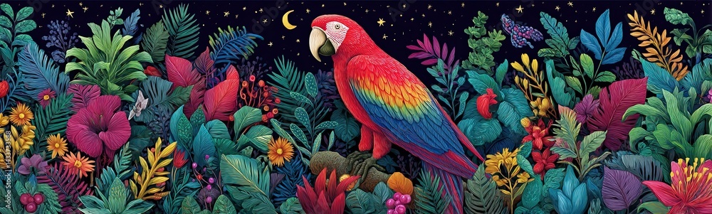 Obraz premium Colorful parrot sitting in lush tropical jungle under crescent moonlight