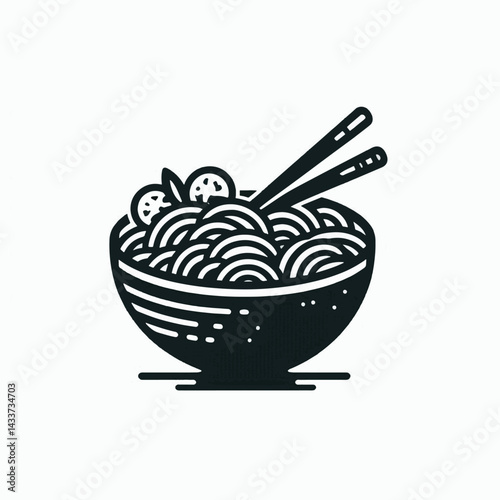 A monochrome graphic of a noodle dish with chopsticks.
