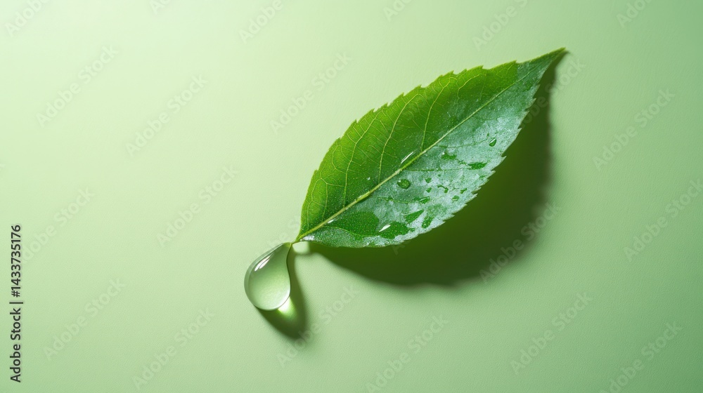 Fototapeta premium Single leaf holds water drop against green background, showcasing purity, freshness, natural essence.