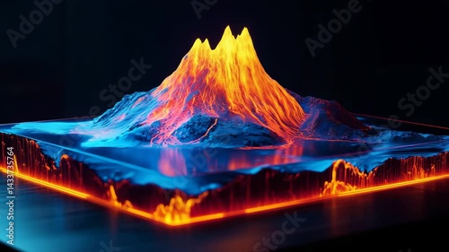 Rotating 3D volcano hologram showing underground lava cross-section