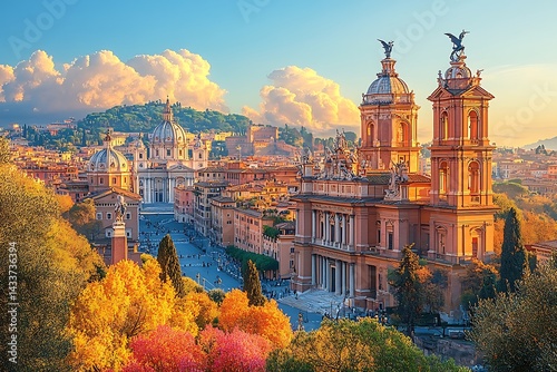 Scenic roma cityscape with basilica di santa maria maggiore at sunset