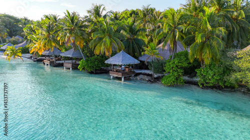 Tropical white sand beach with calm turquoise water and palm trees under blue sky, serene atmosphere for summer travel, hotel, resort, family vacation