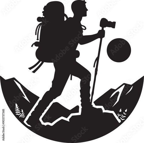 Hiker with backpack silhouette icon vector illustration on white background