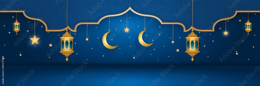 Naklejka premium Mesmerizing Ramadan Background with Deep Blue Gradient Islamic Ornaments Golden Lanterns Soft Glowing Crescent Moon Enhancing Sacred Atmosphere of the Holy Month with Elegant Minimalistic Decorations