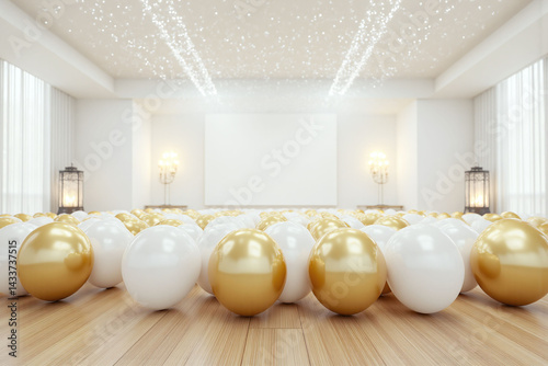 room filled with lots of white and gold balloons