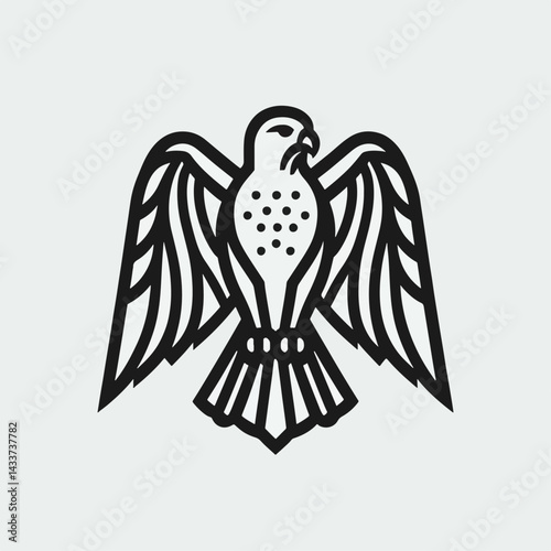 A bold, simple graphic of a falcon with outstretched wings.