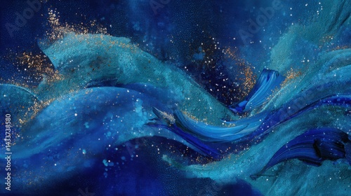 Abstract blue and gold brushstrokes painting, cosmic energy concept. Perfect for backgrounds, wallpapers, and artistic projects.