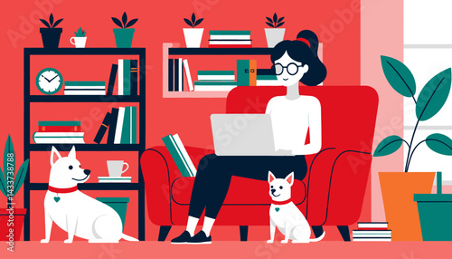 Work_from_Home_Illustration_of_Woman_with_Laptop_and_Dogs_in_Cozy_Living_Room_Home_Office_Setup_with_Bookshelves_Plants_Comfortable_Armchair_and_Cute_Pets