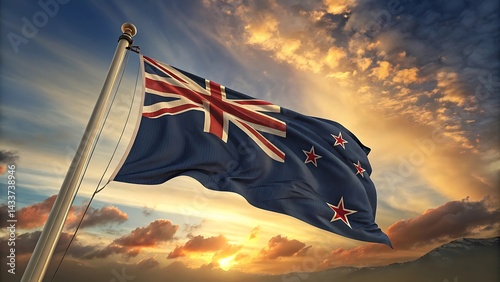 A full view of the New Zealand national flag waving proudly atop a flagpole