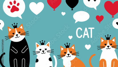 Cute Cartoon Cats With Crowns Hearts and Paw Prints Playful Kitten Art Design Ideal for Cat Lovers and Creative Projects Whimsical Illustration Graphic Art