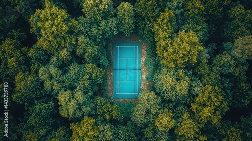 Abandoned tennis court nestled within a lush forest (1) photo