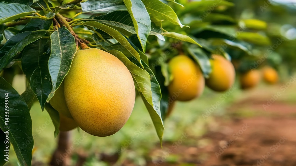 Ripe mangoes hanging on trees in an orchard Ripe mangoes hanging on trees in an orchard