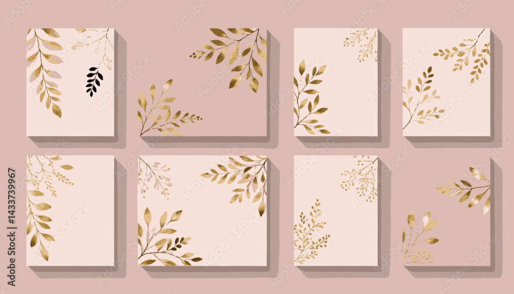 Elegant Botanical Card Templates Set with Golden Foliage and Pastel Backgrounds for Greetings Invitations and Creative Projects Watercolor Style Design Elements_ Elegant Botanical Card Templates Set with Golden Foliage and Pastel Backgrounds for Greetings Invitations and Creative Projects Watercolor Style Design Elements_