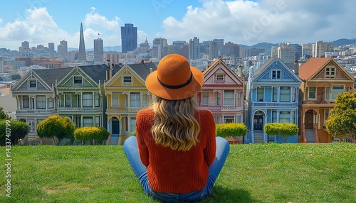 Woman enjoying painted ladies view in san francisco california tourism