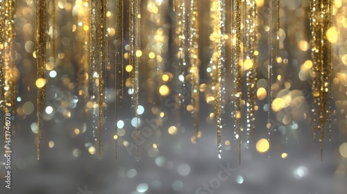Abstract bokeh background with golden glitter chains falling, festive celebration concept. Perfect for holiday cards, party invitations, luxury designs.