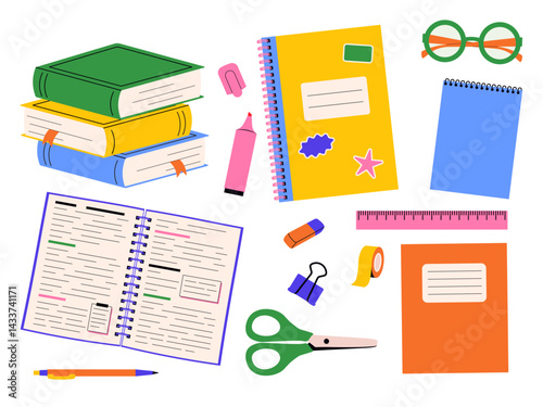 Set of colorful school supplies. Back to school stationery collection for student equipment and office