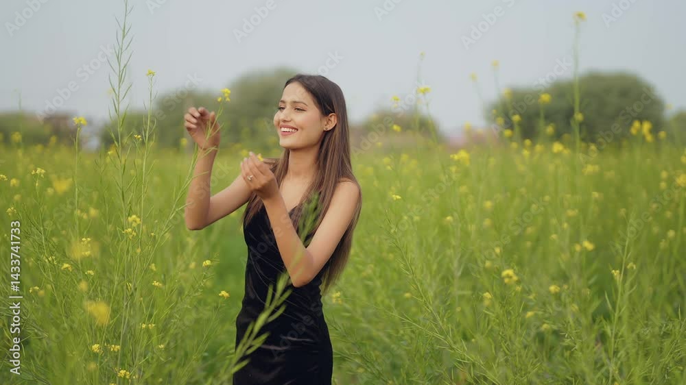 Indian happy young adult gen z model woman lady wear black dress standing outdoor enjoy nature asian smiling relax teen age girl looking at camera pluck yellow flower throwing up in air outside