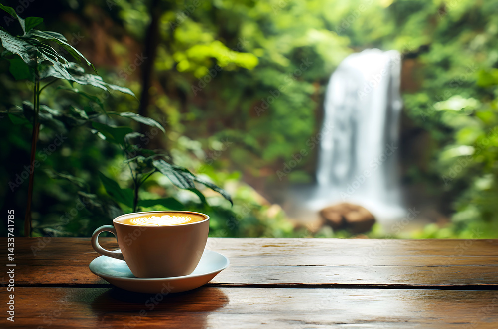 Macro shot of single coffee cup on rustic wooden counter with soft green foliage and blurred waterfall behind, capturing quiet moment of natural calm and warm morning atmosphere.