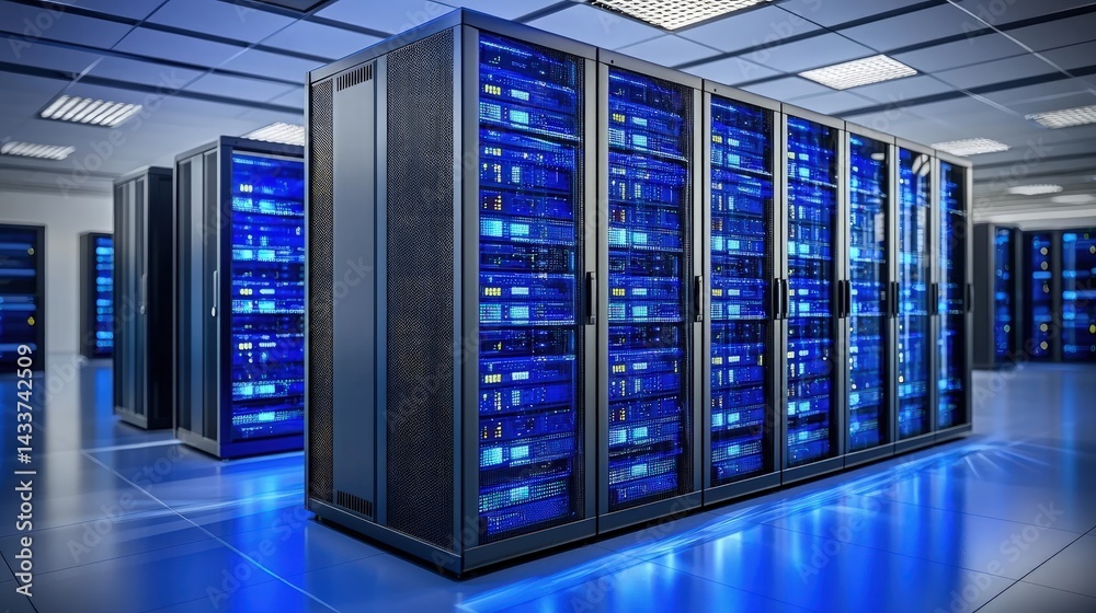 Bright and organized server room with blue-lit racks and clean reflections, perfect for showcasing IT infrastructure, network services, and modern data technology solutions Bright and organized server room with blue-lit racks and clean reflections, perfect for showcasing IT infrastructure, network services, and modern data technology solutions