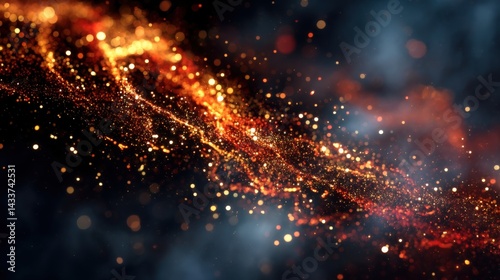 Abstract bokeh lights in fiery orange and gold, glittering particles. Perfect for backgrounds, festive designs, and cosmic themes.