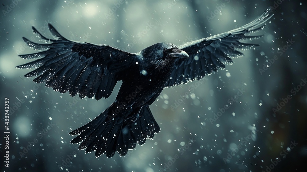Fototapeta premium A black crow is flying through the snow