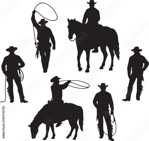 Collection of Cowboy Silhouettes Riding Horses and Lassoing