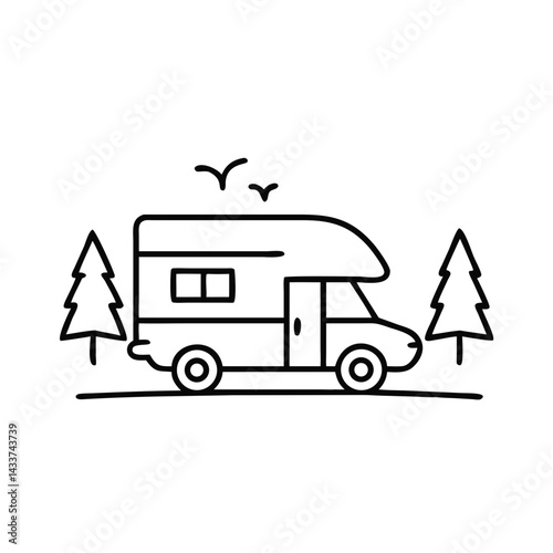 Outline of a camper van in a forest setting  