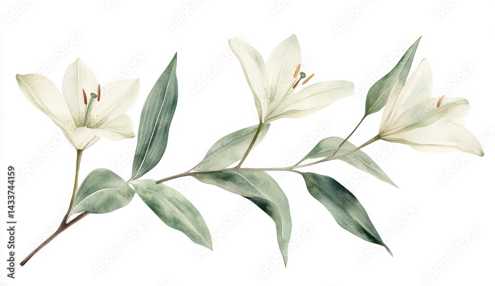 Obraz premium Watercolor Painting of Three Off White Lilies on Branch