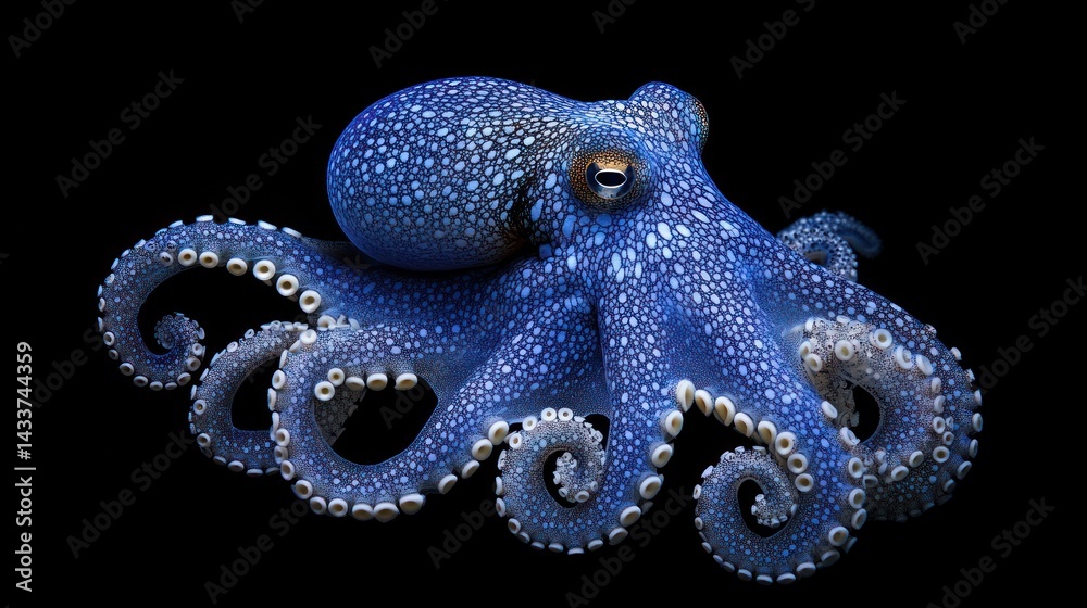 Obraz premium Close-up of a vibrant blue octopus against a black background. Possible use Stock photo for nature, marine life, or zoology