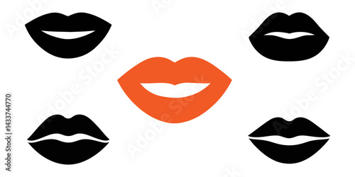 vector set of lips, Different women's lips vector icon set  isolated from background. Shape sending a kiss, kissing lips, Lipstick kiss print isolated vector set. red vector lips set. Different shapes
